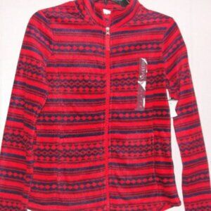 Women's JUNIOR SZ XS red + blue fleece jacket stripe long sleeve